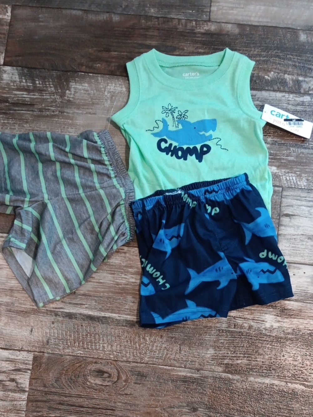 Carter's Green Tank with Blue Shark Swim Shorts & Gray-Striped Shorts Size 18m